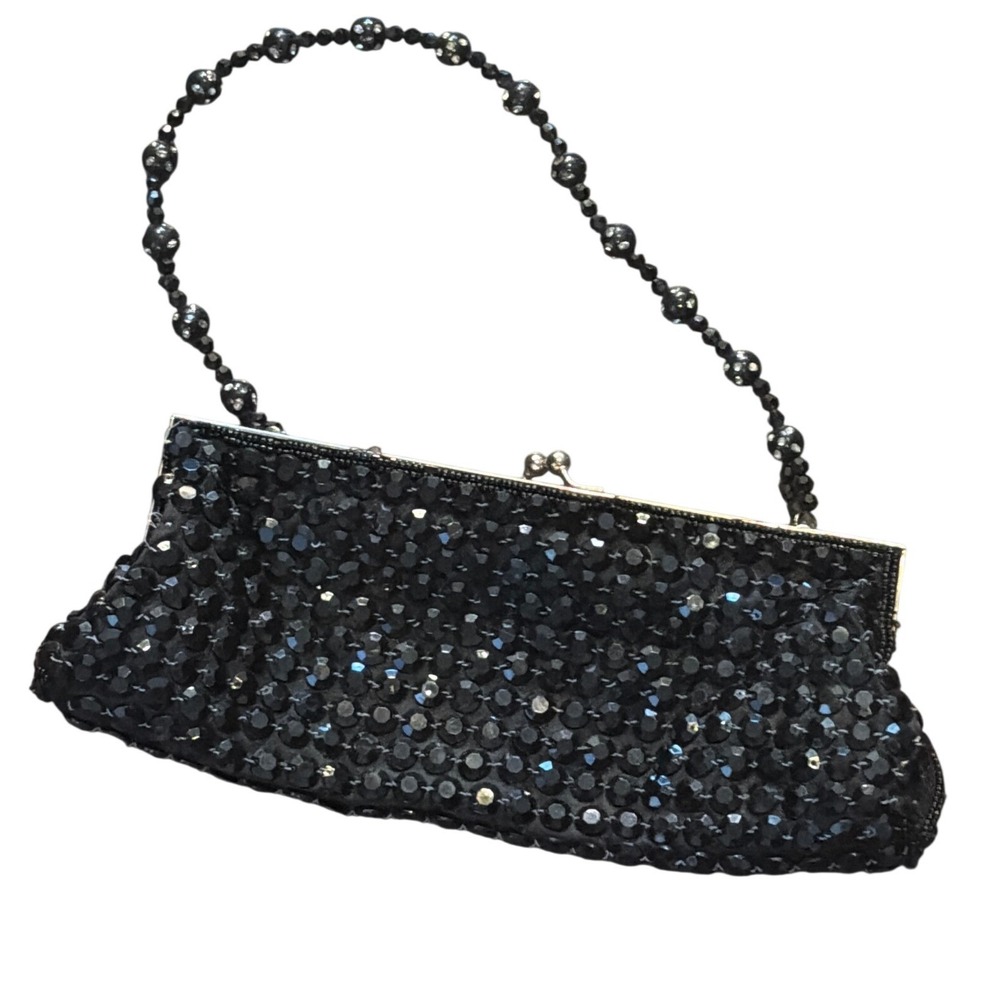 Vintage Far Nine Black Beaded Evening Bag Kiss Lock Clutch Top Handle Purse Y2K
